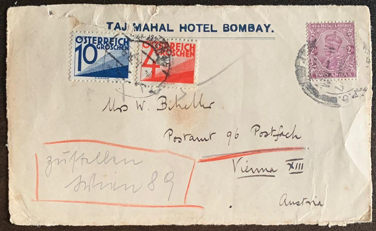 India 1927 KGV Taj Mahal Hotel Cover to Austria with Austrian Stamps