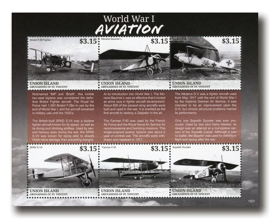 Union Island 2015 Aviation World War I M/S MNH  stamp