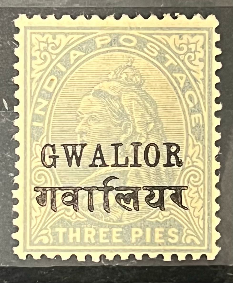 India 1904 Gwalior QV SG 39f 3p Overprint Double One Albino Variety Mint SG Cat val £90