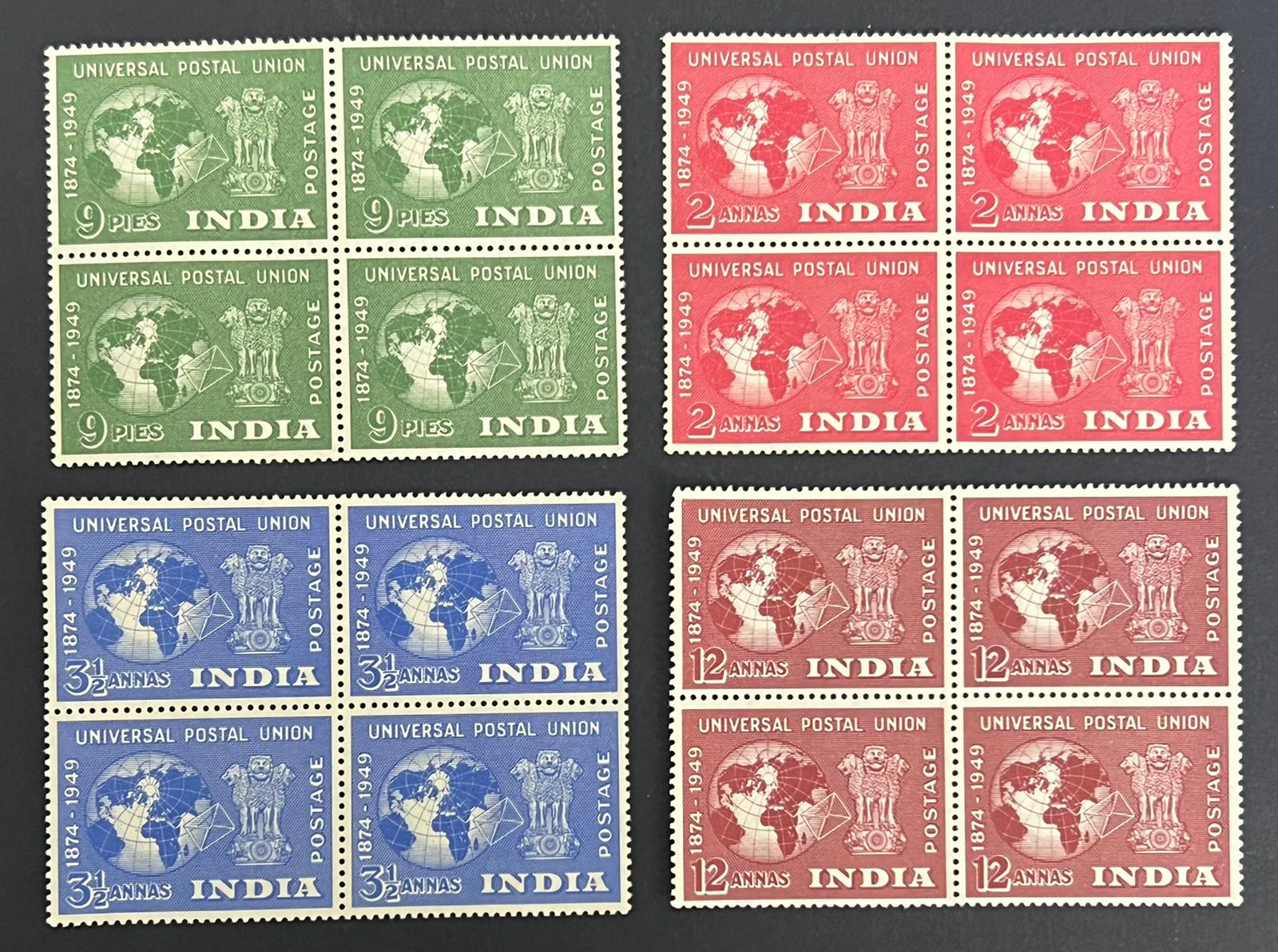 India 1949 UPU Year Set Complete in Blocks of 4 MNH White Gum Catalog