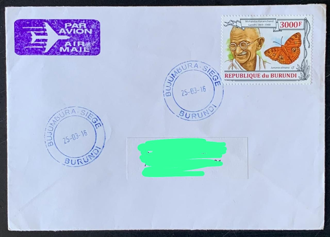 Burundi 2012 Mahatma Gandhi Stamp used Commecially on Cover ( Rare Country to get Cover from) Dely Cancellation on back.