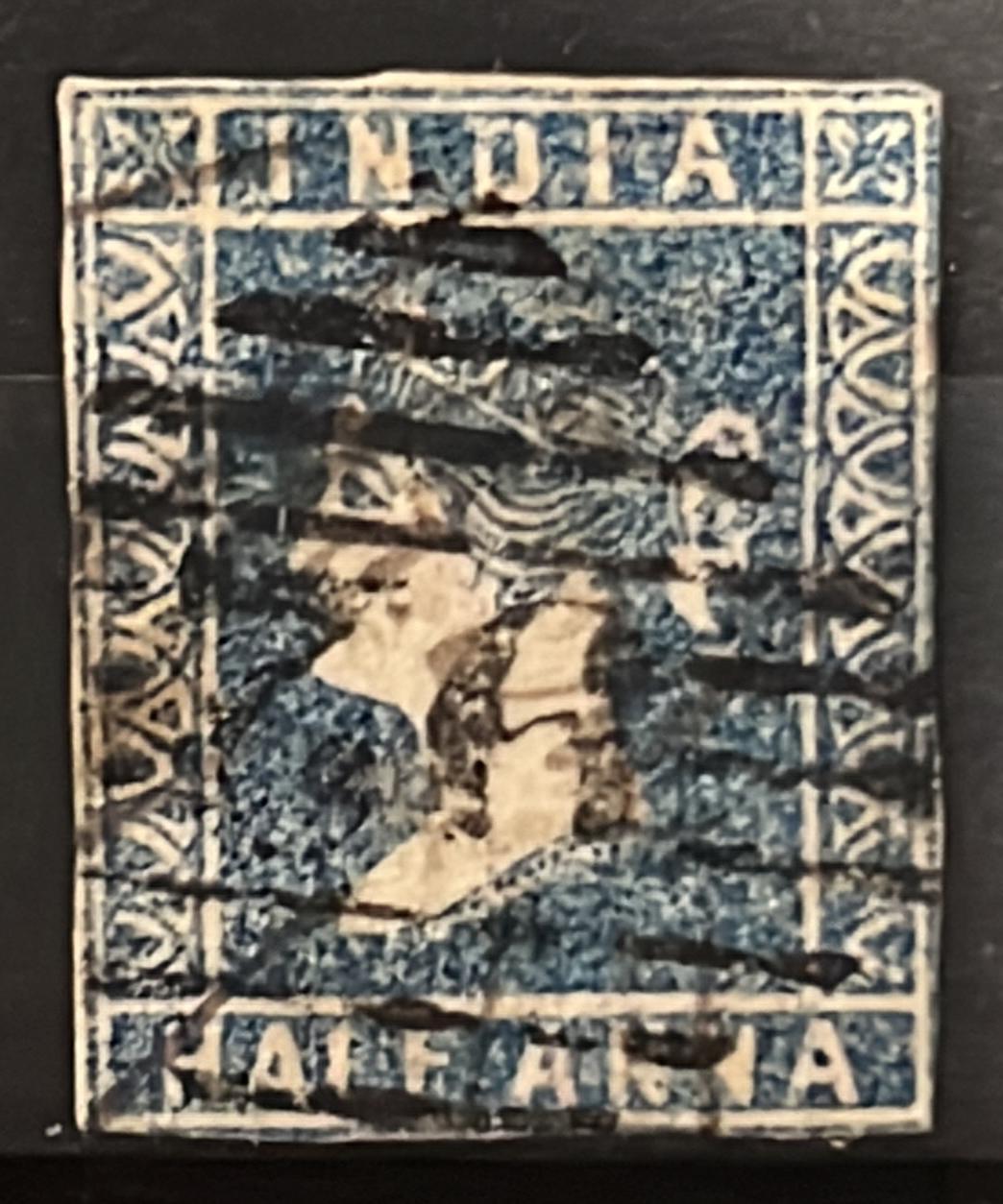 India 1854 1/2 Anna Die I Blue Litho Used