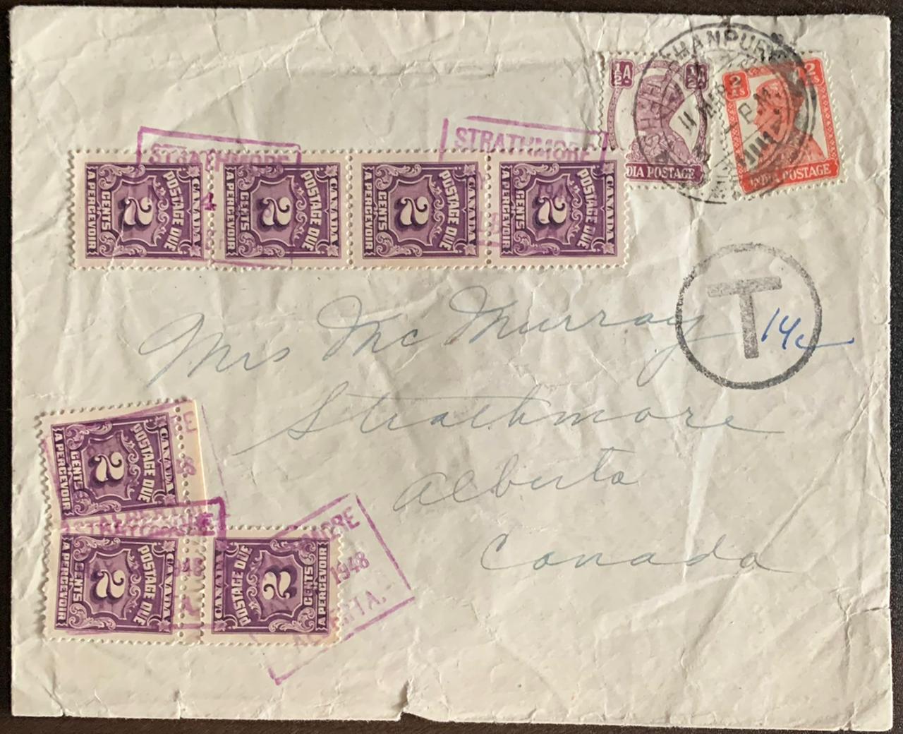 India 1945 KGVI Cover to Canada with Multiple Postage Due stamps