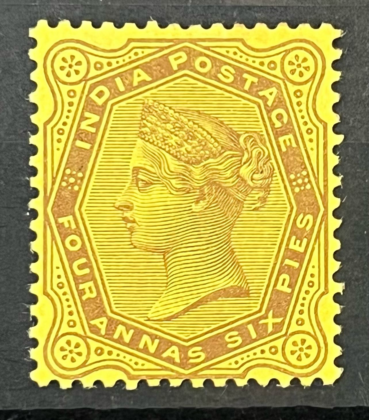 India 1882 QV 4a6p Color Trial in Yellow Paper on without Watermark Paper Extremely Rare