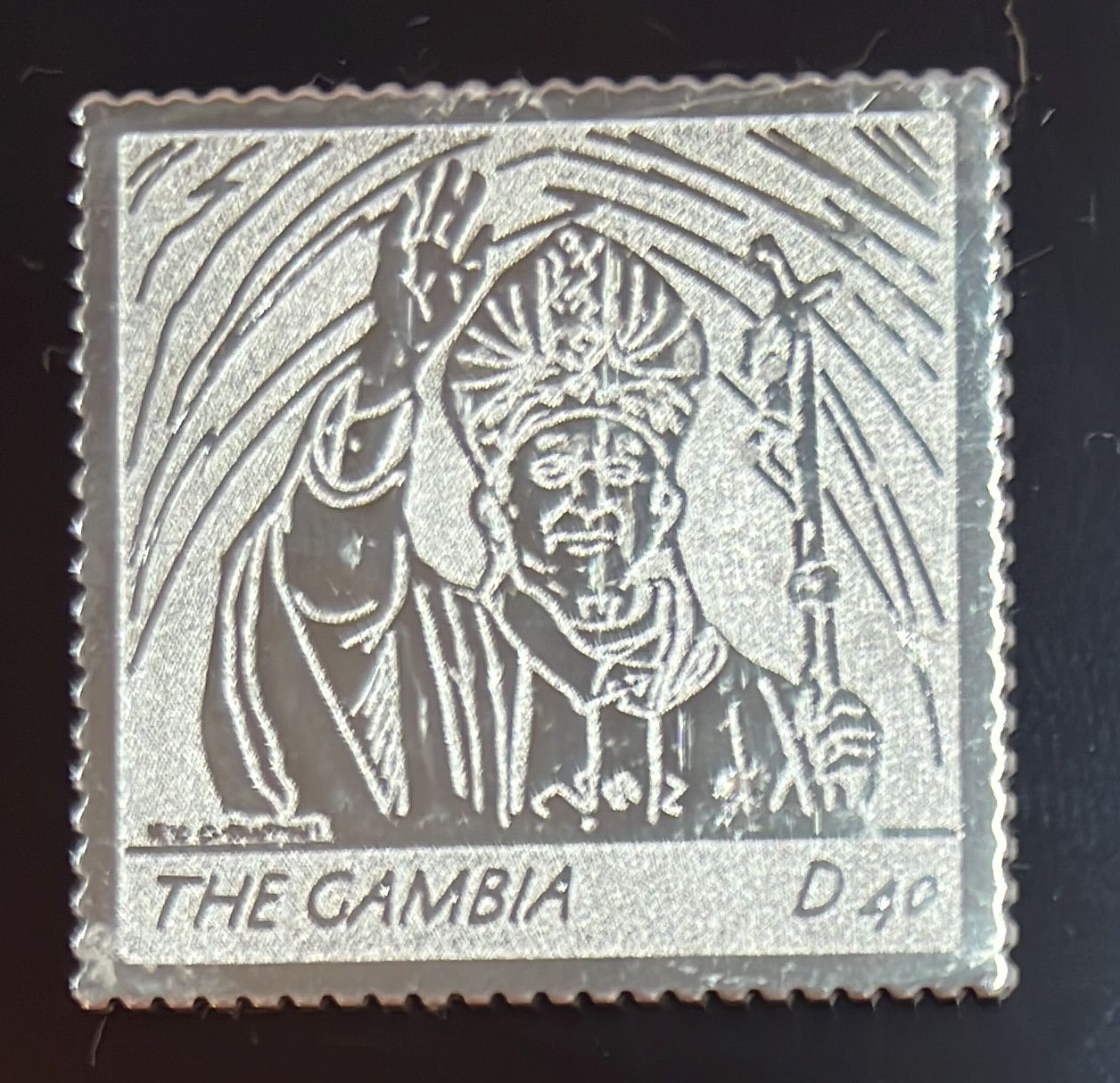 Gambia 2005 - Pope John Paul II, Self Adhesive Silver coloured Metal , Real Metal not just silver foil Unusual Stamp