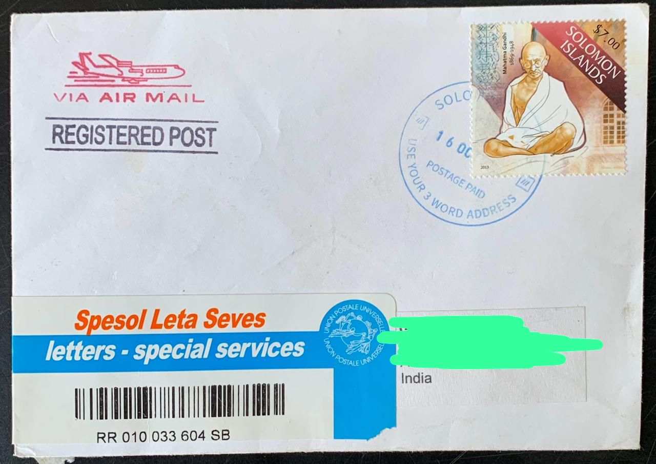Solomon Island 2014 Mahatma Gandhi Stamp used Commercially on Registered Cover ( Rare Country to get Cover from) Dely Cancellation on back.