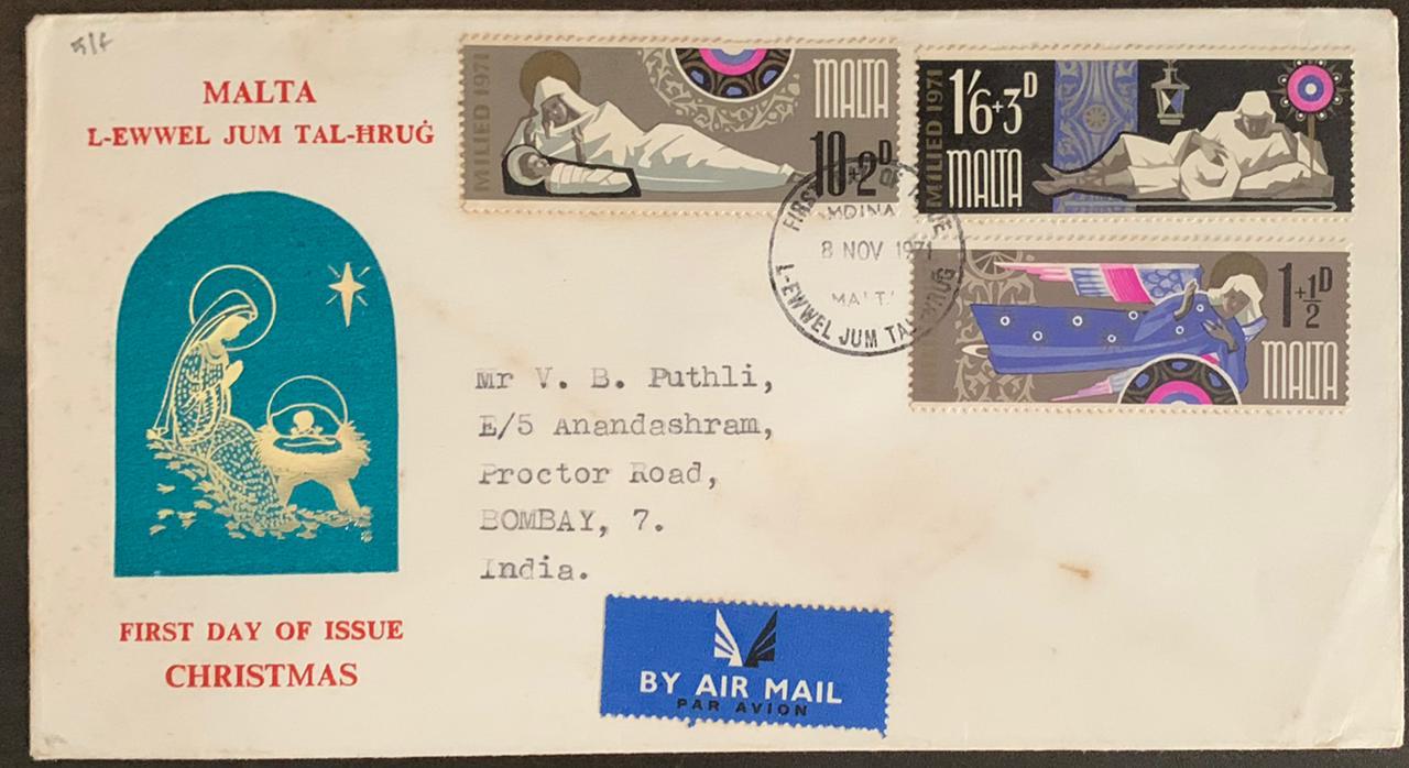 Malta 1971 Christmas FDC First Day Cover to Bombay