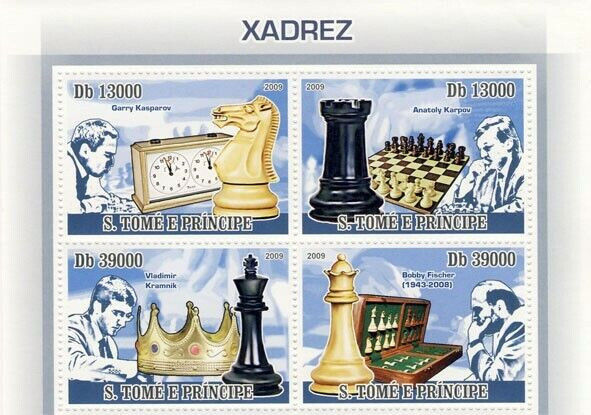 Sao Tome 2009 Chess Garry Kasparov Anatoly Karpov Vladimir Kramnik Bobby Fischer Stamp M/S MNH
