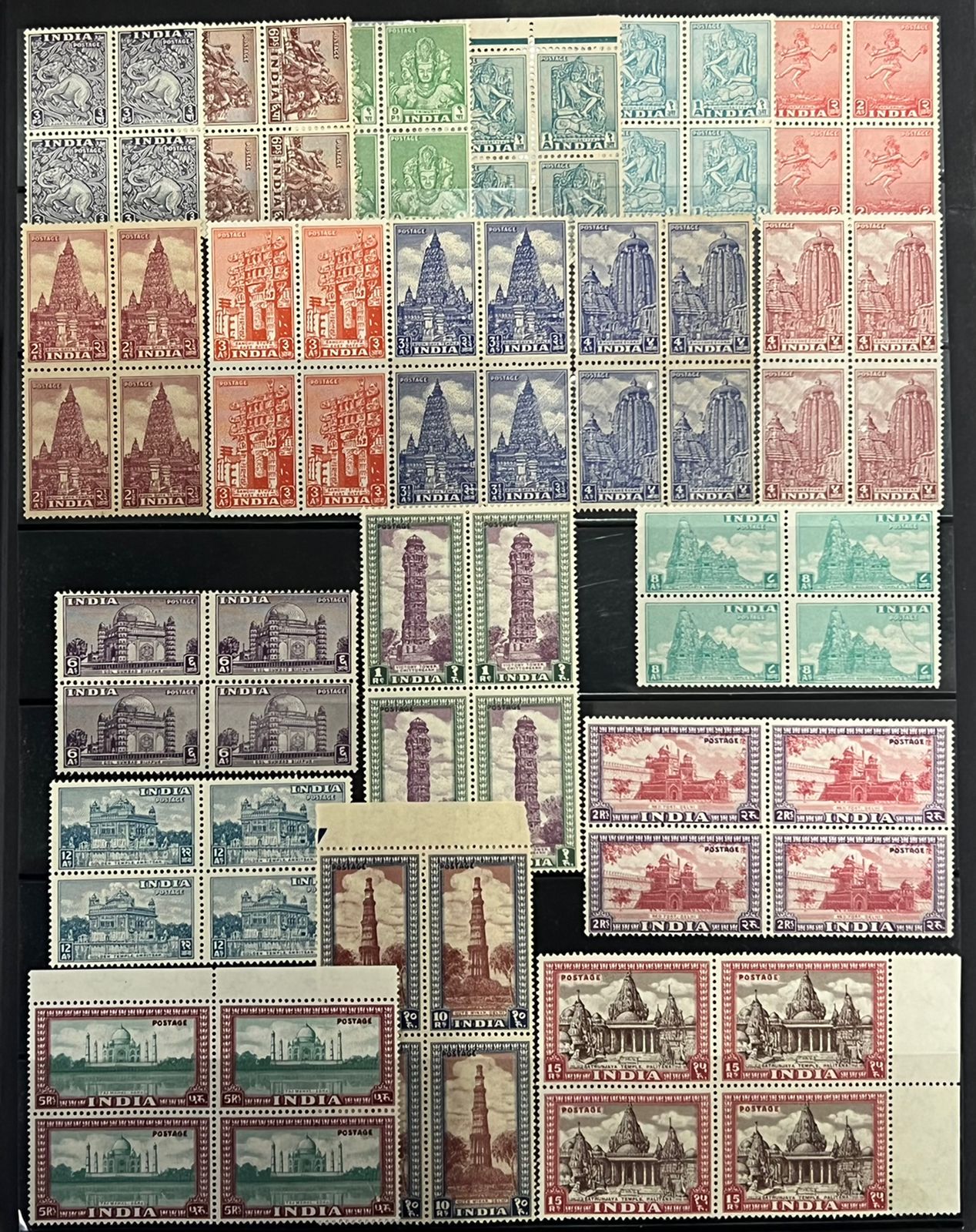 India 1949 First Definitive Series Archeological Complete Set of 19v in Blocks of 4 MNH White Gum