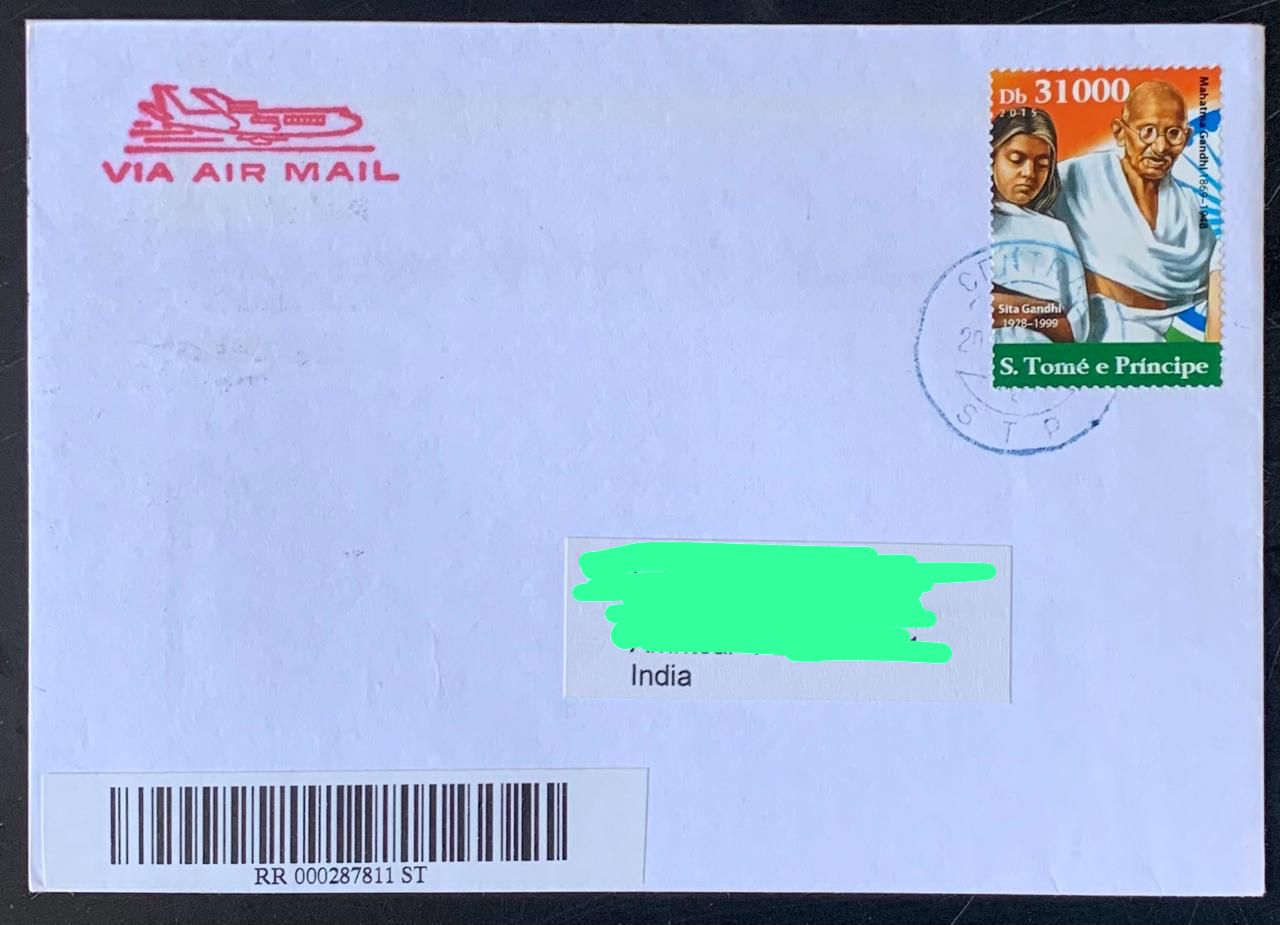 Sao Tome 2015 Mahatma Gandhi Stamp used Commercially on Registered Cover ( Extremely Rare Country to get Cover from) Dely Cancellation on back.