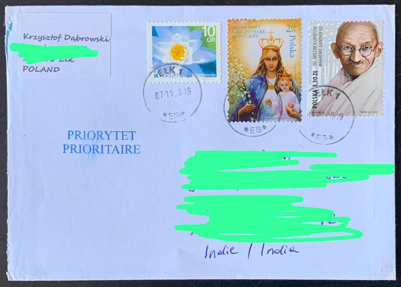 Poland 2019 Mahatma Gandhi Stamp used Commercially on Cover with dely cancellation on back