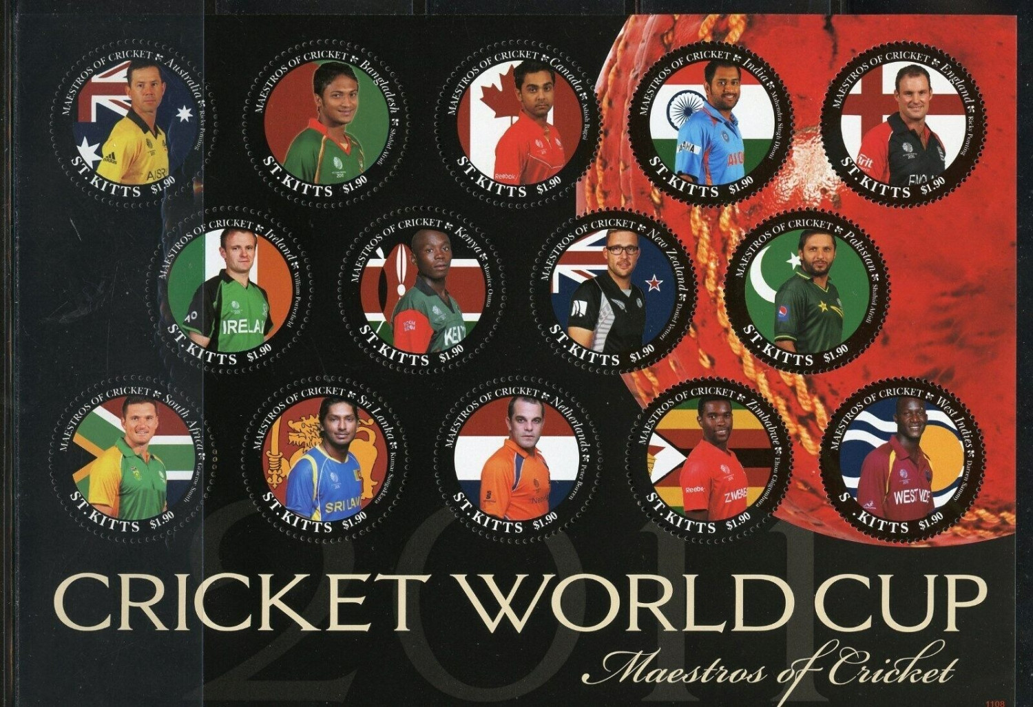 St.Kitts 2011 Cricket World Cup with All Team Captains MS Dhoni Mini Sheet High Face Value MNH