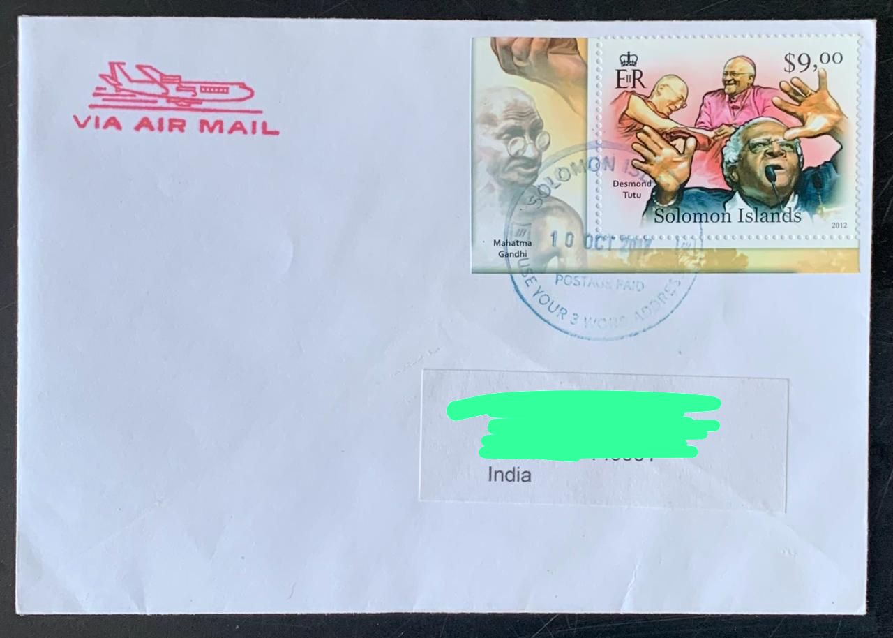 Solomon Island 2012 Mahatma Gandhi Stamp used Commercially on Cover ( Rare Country to get Cover from) Dely Cancellation on back.
