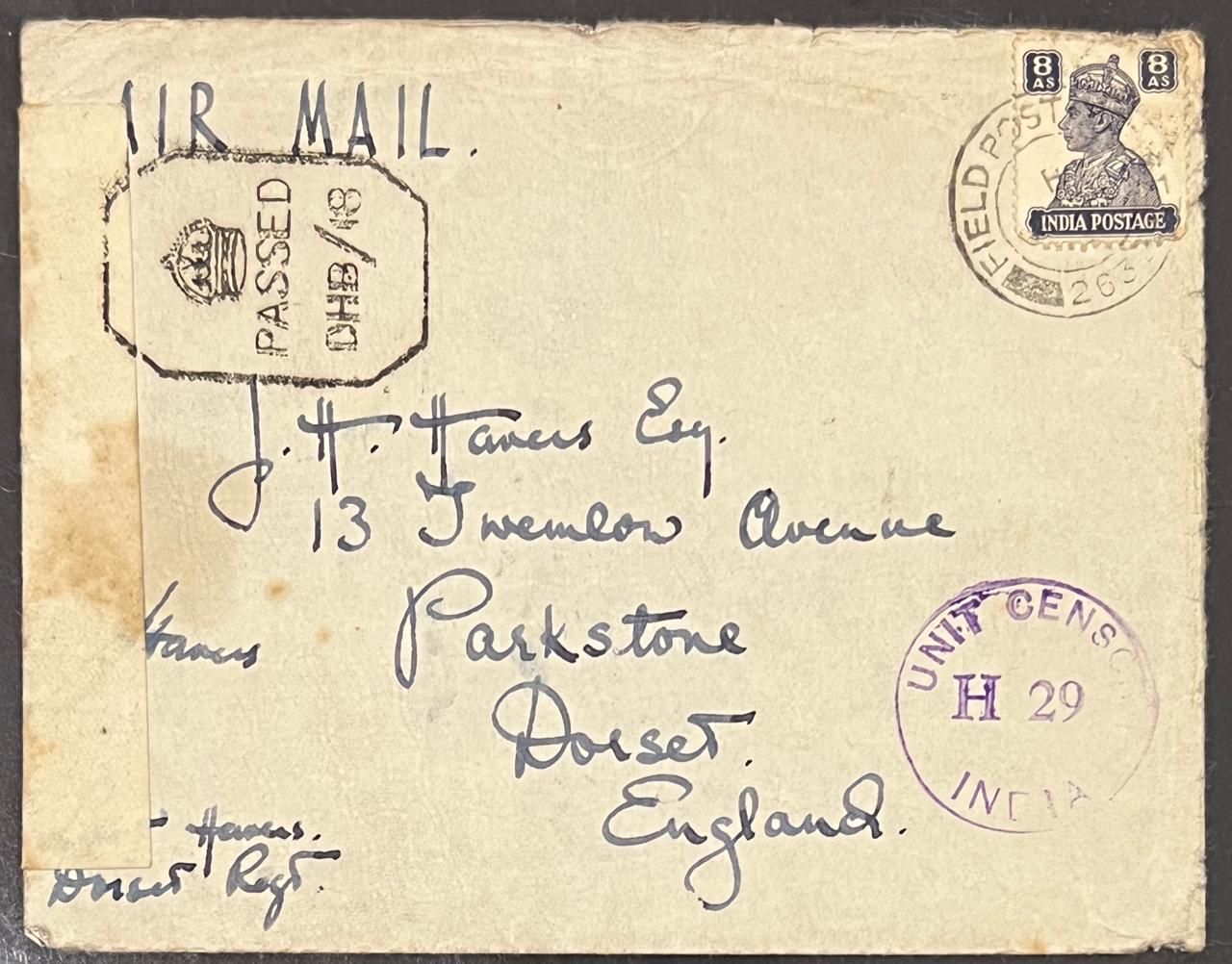 India 1940 KGVI Field Post Censored Cover to England