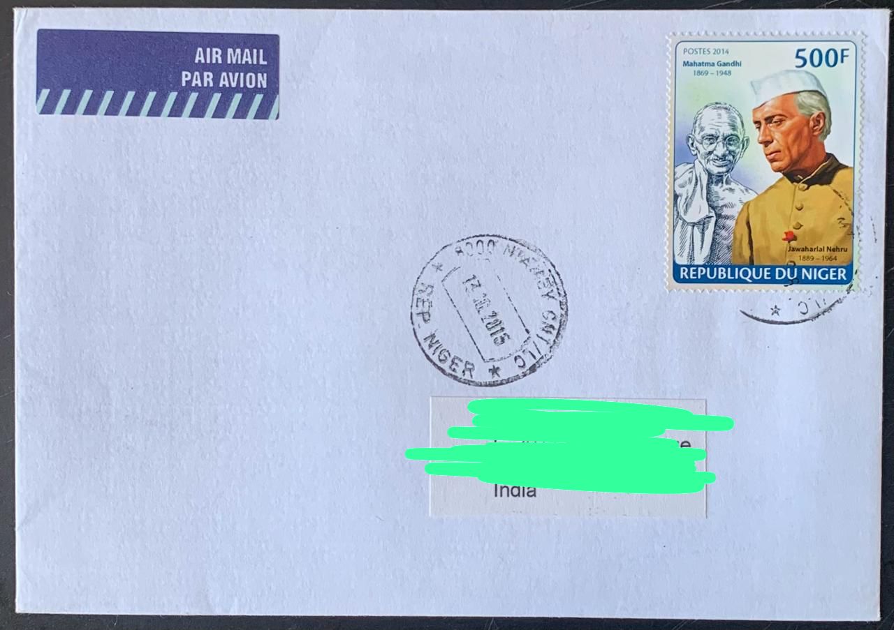 Niger 2013 Mahatma Gandhi Stamp used Commecially on Cover ( Rare Country to get Cover from) Dely Cancellation on back.