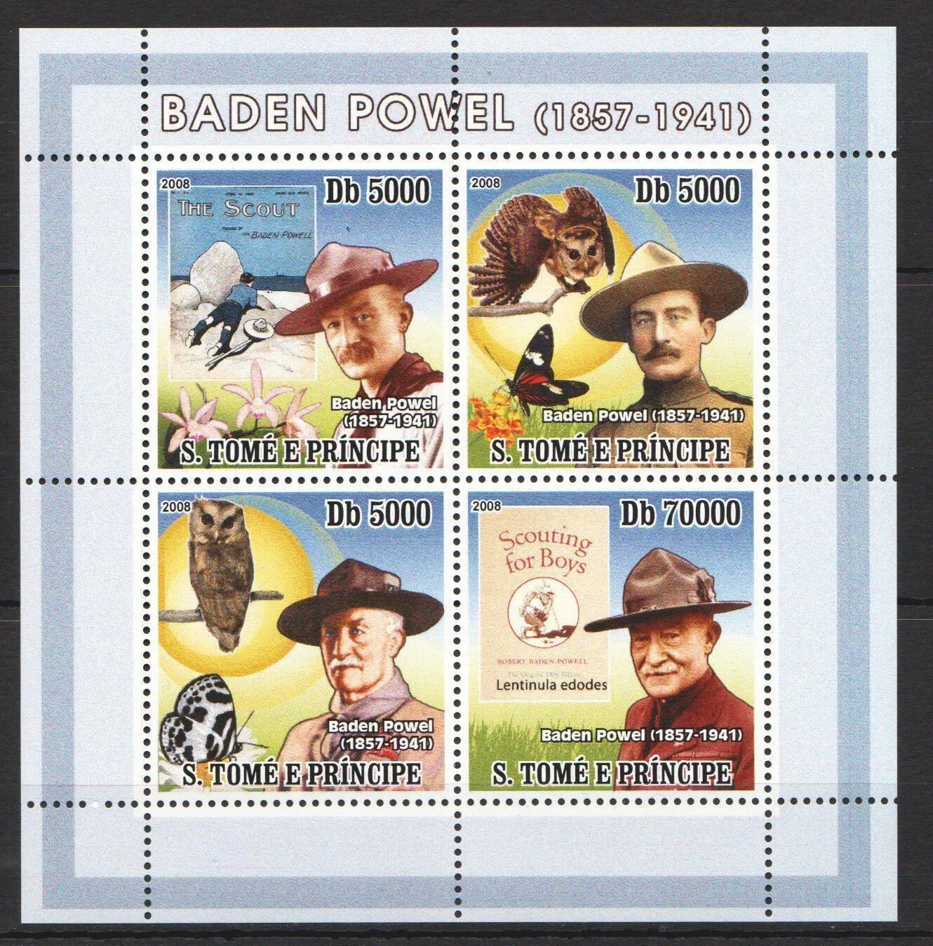 Sao Tome 2008 Scouts Baden Powel Owls Butterflyes M/S HMN
