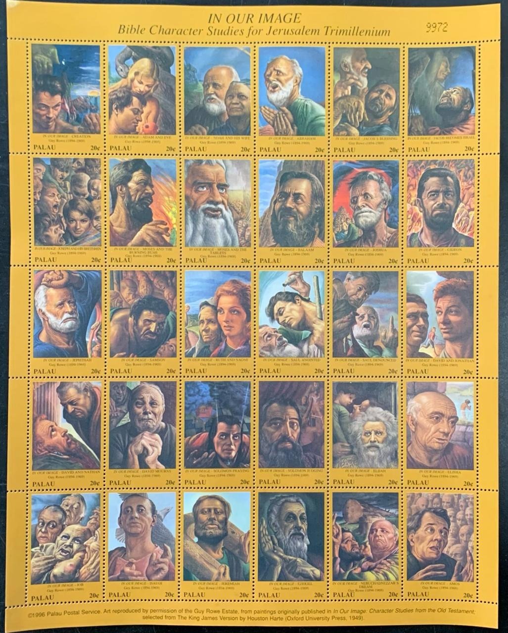 Palau 1996 Christianity Bible Character Studies for Jerusalem Trimillenium Large size sheet with 30 stamps MNH