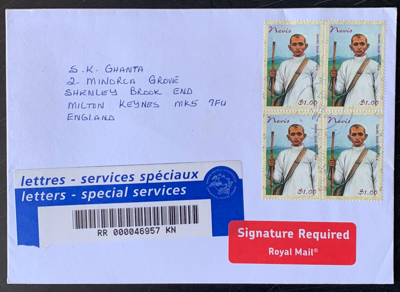 Nevis 1998 Mahatma Gandhi Stamps used Commercially on Registered cover to UK
