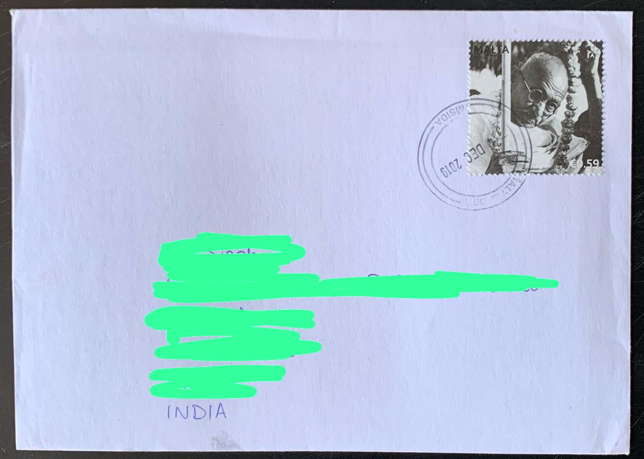 Malta 2019 Mahatma Gandhi Stamp used Commercially on Cover with dely cancellation on back