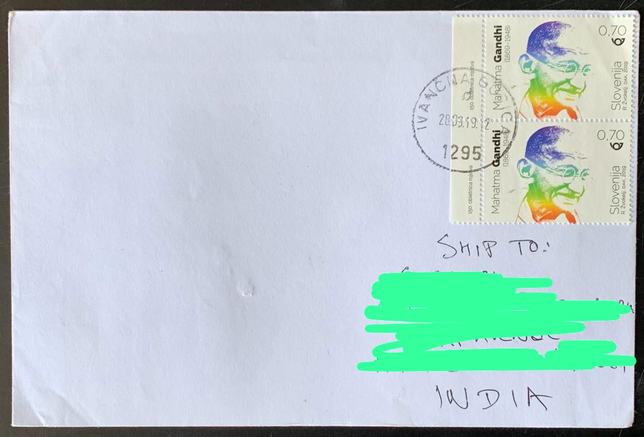 Slovenia 2019 Mahatma Gandhi Stamps used Commercially on Cover with dely cancellation on back