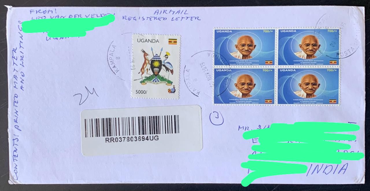 Uganda 2019 Mahatma Gandhi Stamps used Commercially on Registered Cover