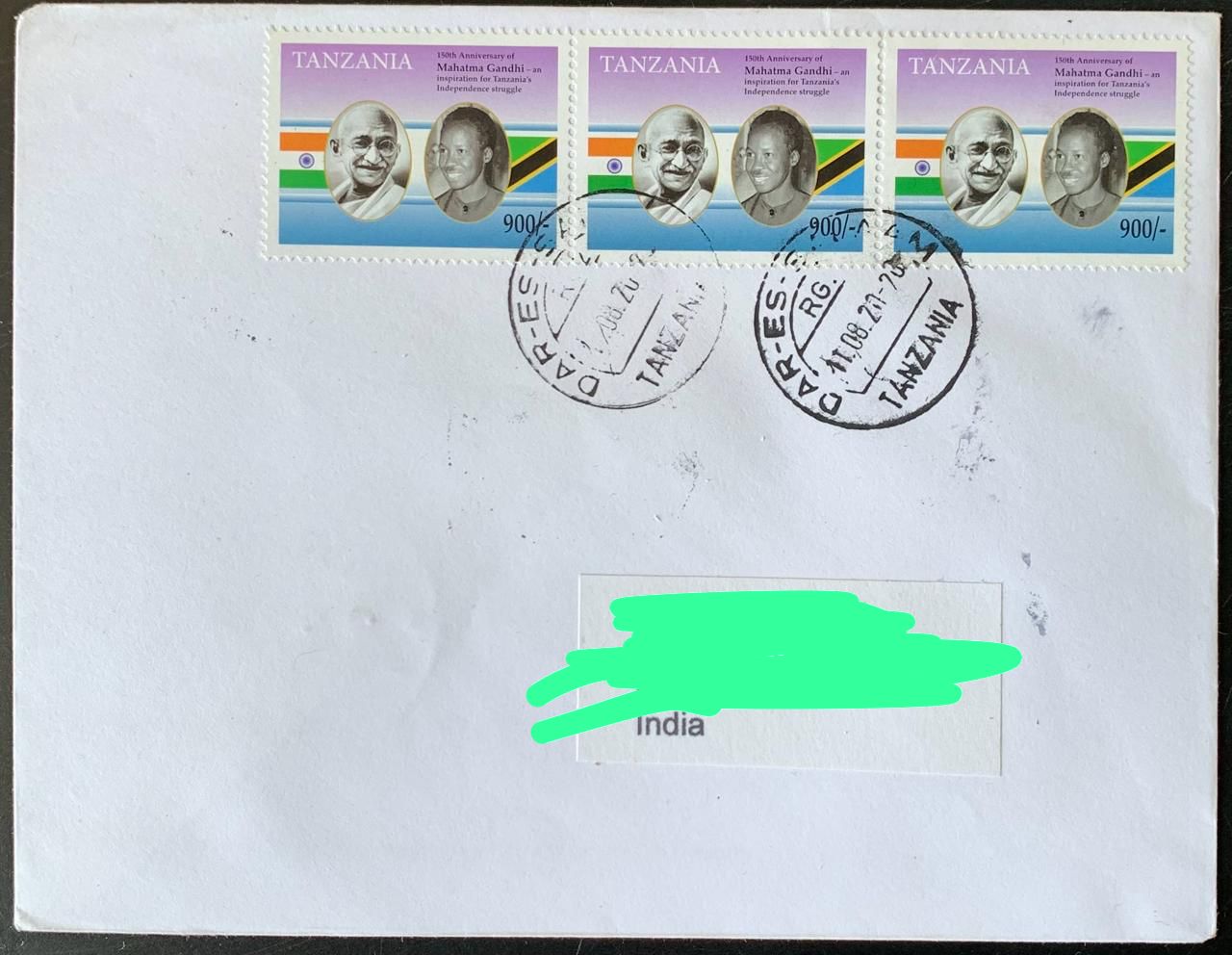 Tanzania 2019 Mahatma Gandhi Stamps used Commercially on Cover with dely cancellation on back