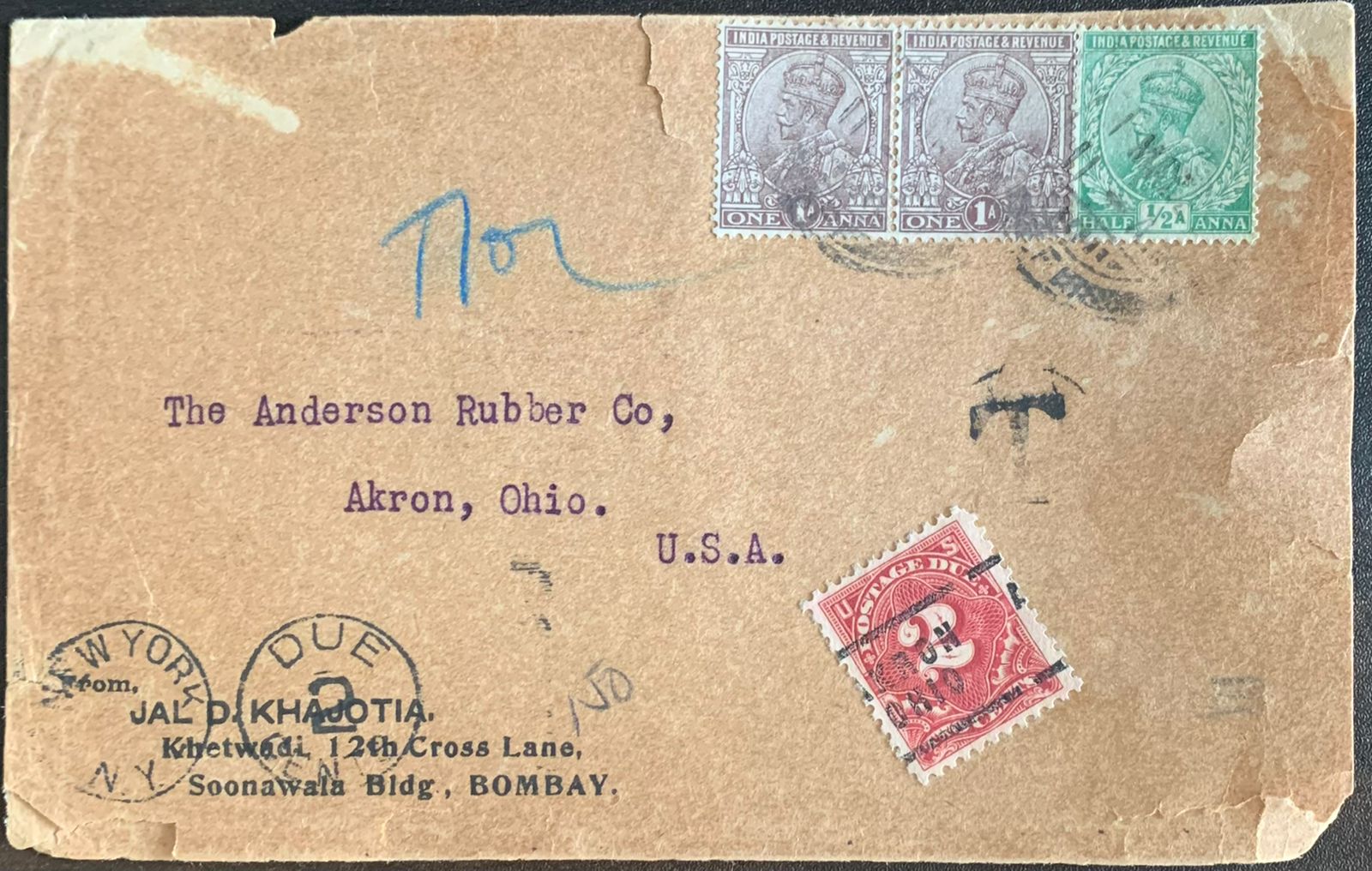 India 1920 KGV Cover to USA with Postage Due Stamp