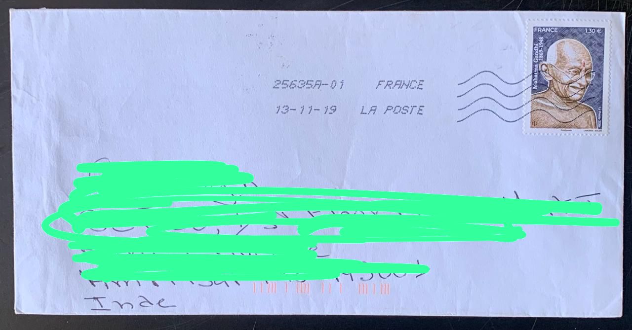 France 2019 Mahatma Gandhi Stamp used Commercially on Cover with dely cancellation on back