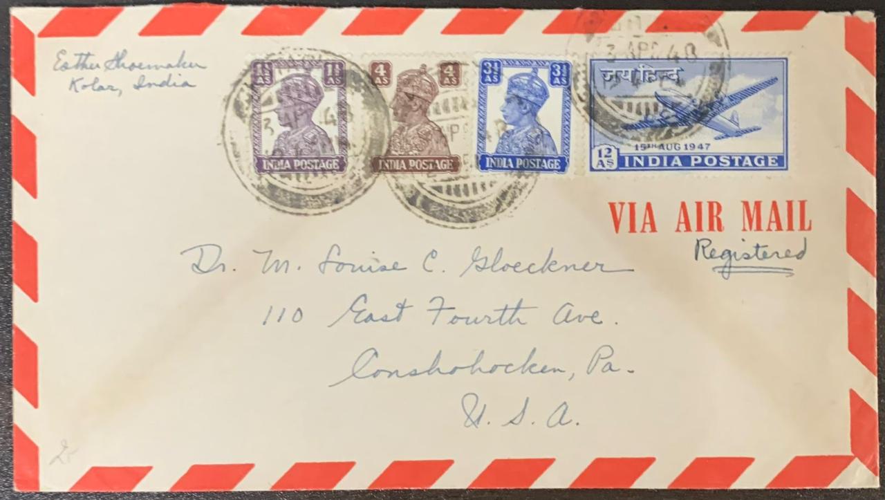 India 1948 Plane Stamp with KGVI Stamps Cover to USA
