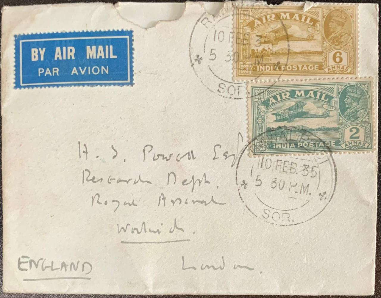 India 1935 Cover with Airmail Stamps to England