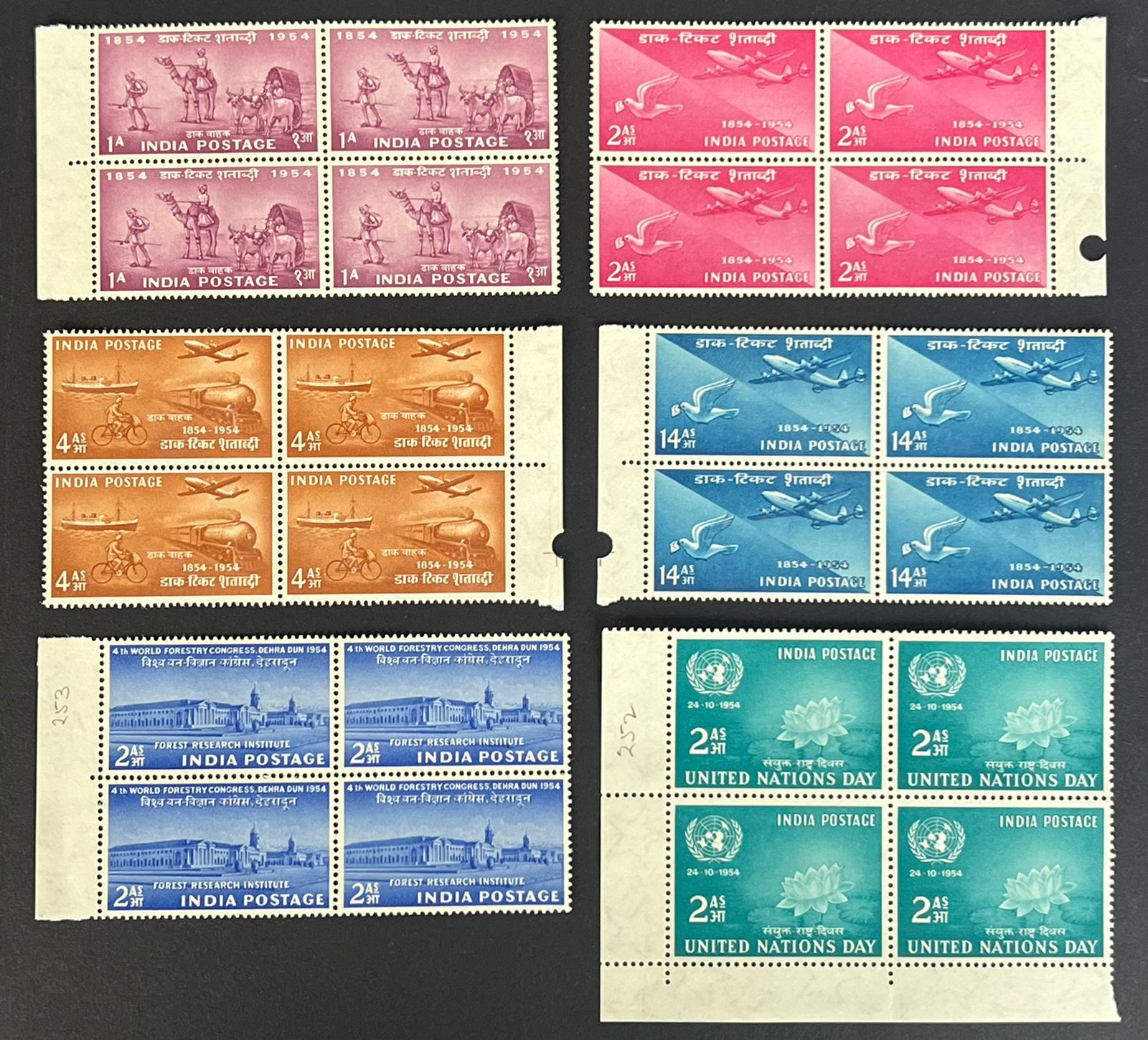 India 1954 Year Set Stamp Centenary Complete Blocks of 4 MNH White Gum Cat