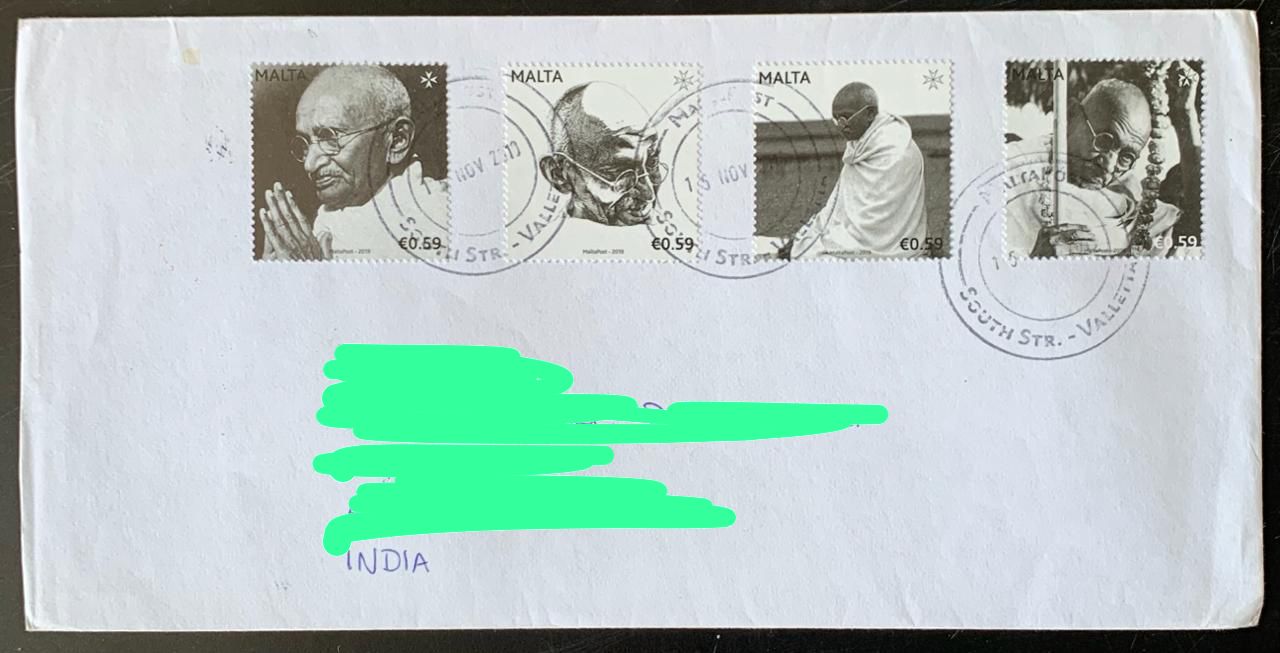 Malta 2019 Mahatma Gandhi Stamp Set used Commercially on Cover with dely cancellation on back