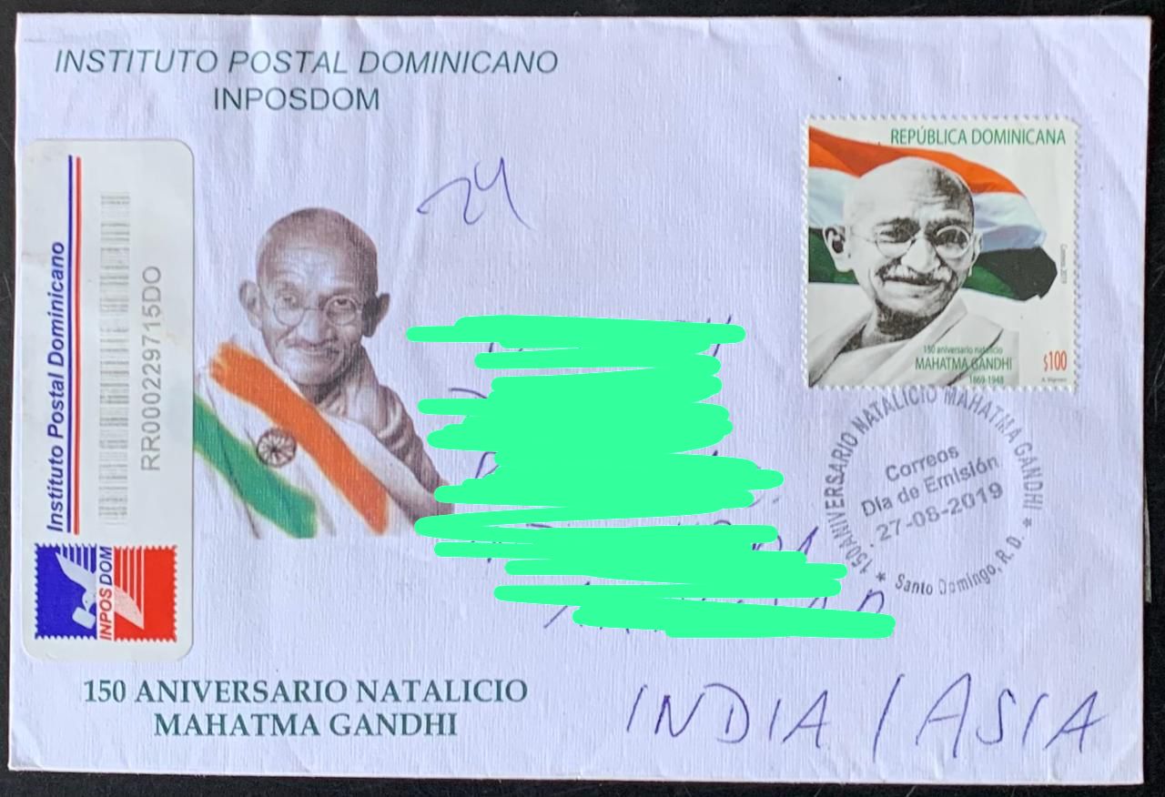 Dominican Republic 2019 Mahatma Gandhi Stamp used Commercially on Registered First Day Cover (  Rare Country to get Cover from)