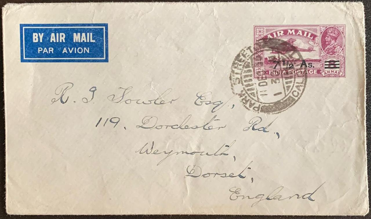 India 1936 KGV Airmail Surcharge Envelope to England