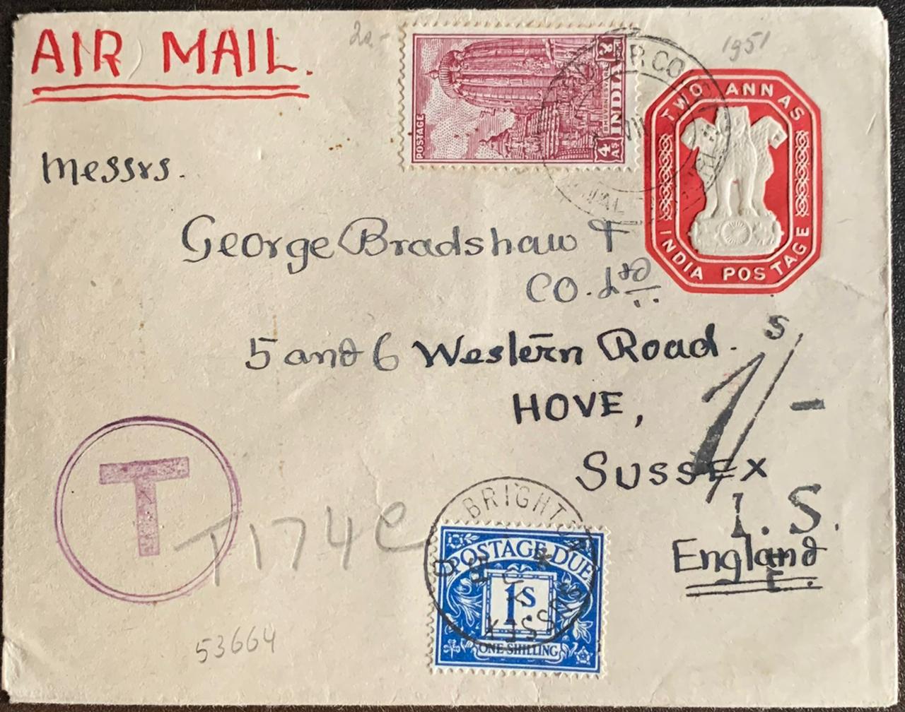 India 1951 Cover to England with Postage Due Stamp