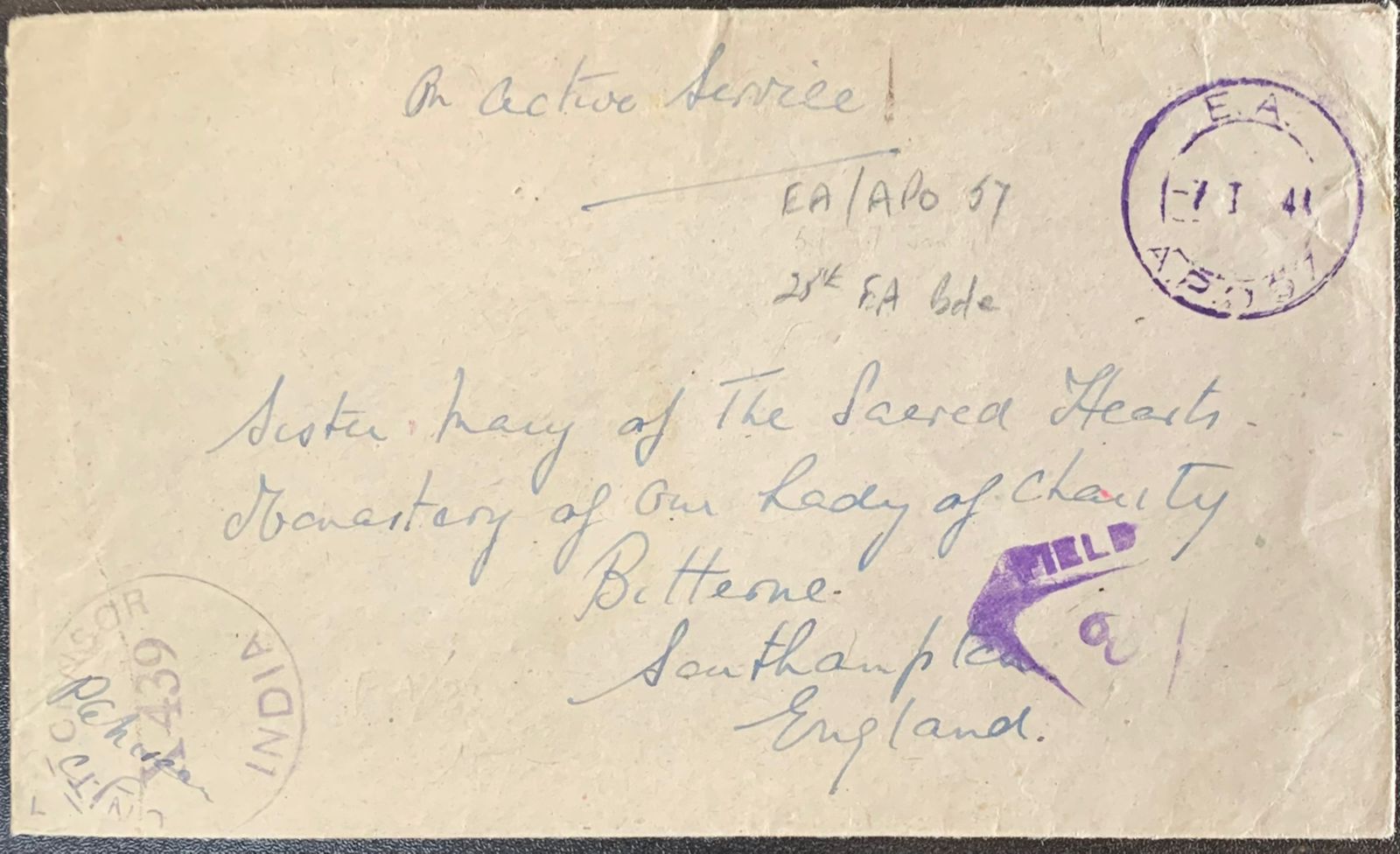 India 1941 APO Censored Letter to England