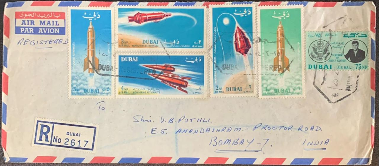 Dubai 1967 Registered Cover to Bombay India with Kennedy & Space Stamps