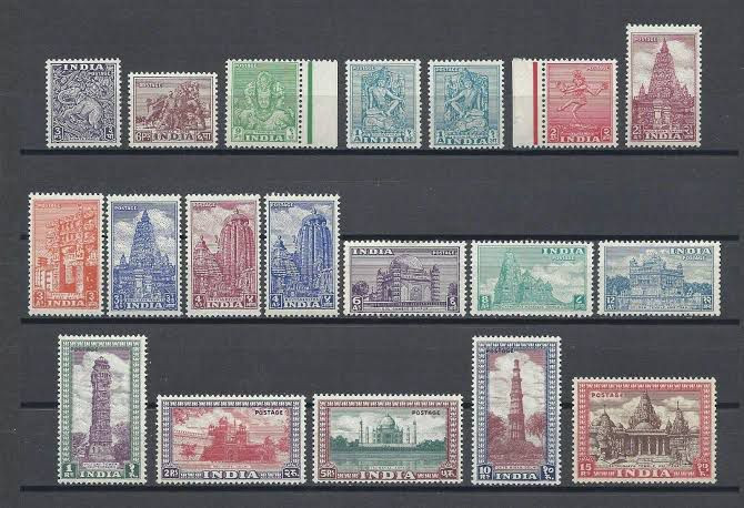 India 1949 First Definitive Series Archeological Complete Set of 19v Mint MH Catalog Value 25000