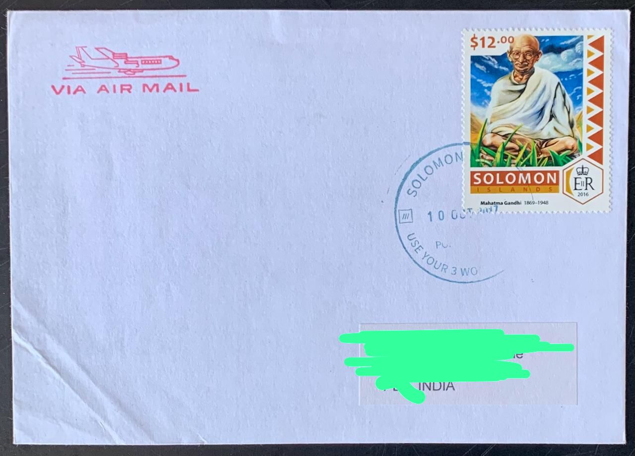 Solomon Island 2016 Mahatma Gandhi Stamp used Commercially on Cover ( Rare Country to get Cover from) Dely Cancellation on back.