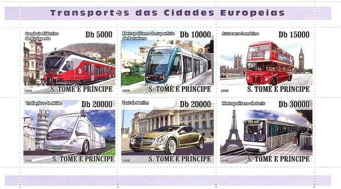 Sao Tome 2008 European City Transports Trains Bus Auto Taxi M/S MNH