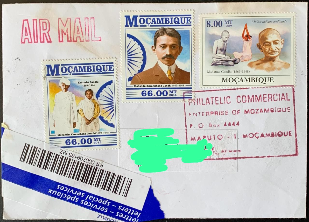 Mozambique 2017 Mahatma Gandhi Stamps used Commecially on Registered Cover ( Rare Country to get Cover from) Dely Cancellation ok back.