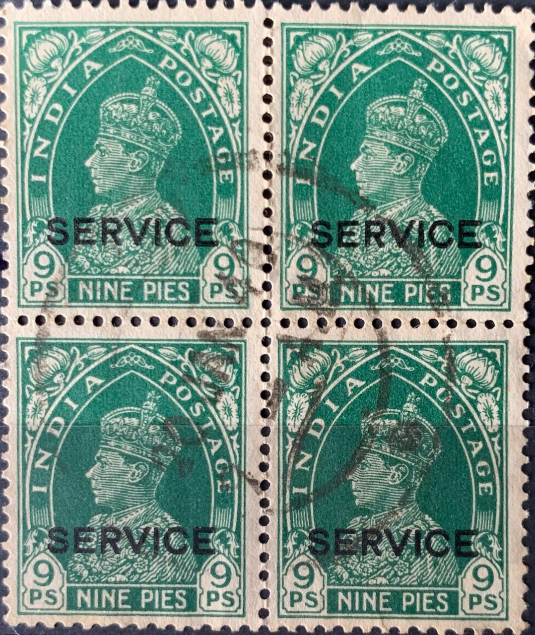 India 1937 KGVI 9pies with service overprint block of four fine used