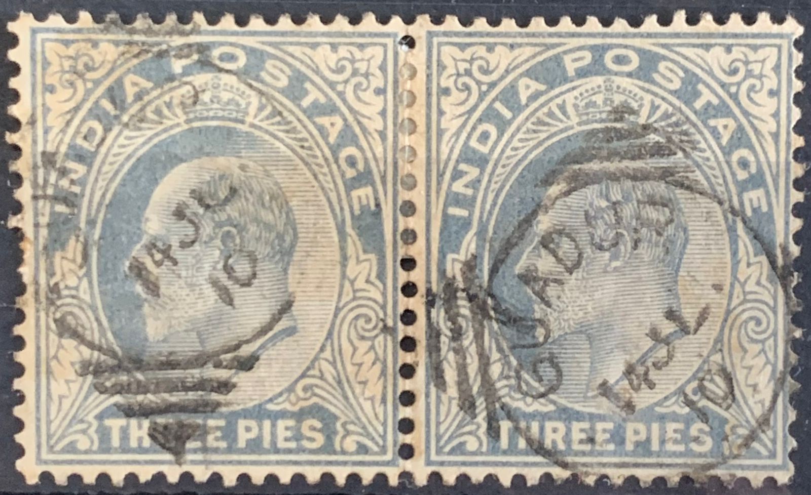 India 1902 KEVII 3p Pair Used Abroad in GUADUR Fine Cancelled