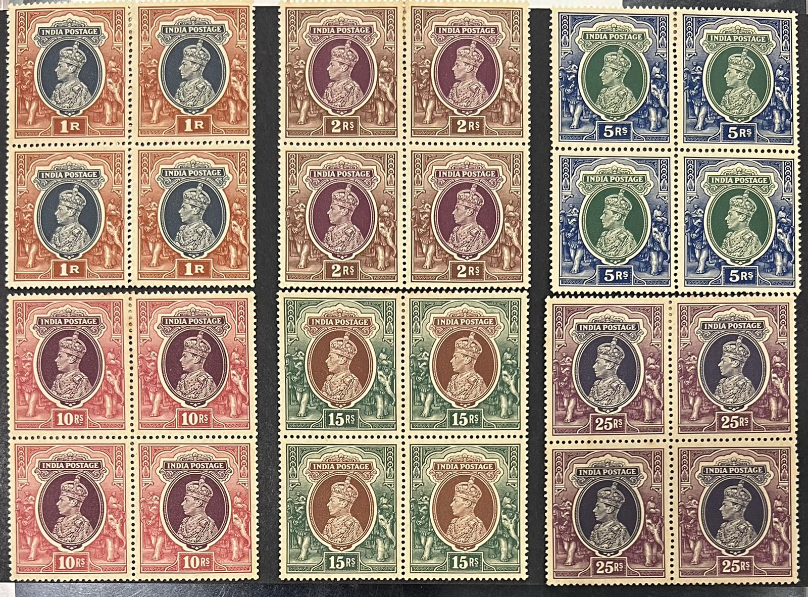 India 1937 KGVI High values SG 259-264 in Blocks of 4 Mint Rare SG Cat Val £2440 for singles