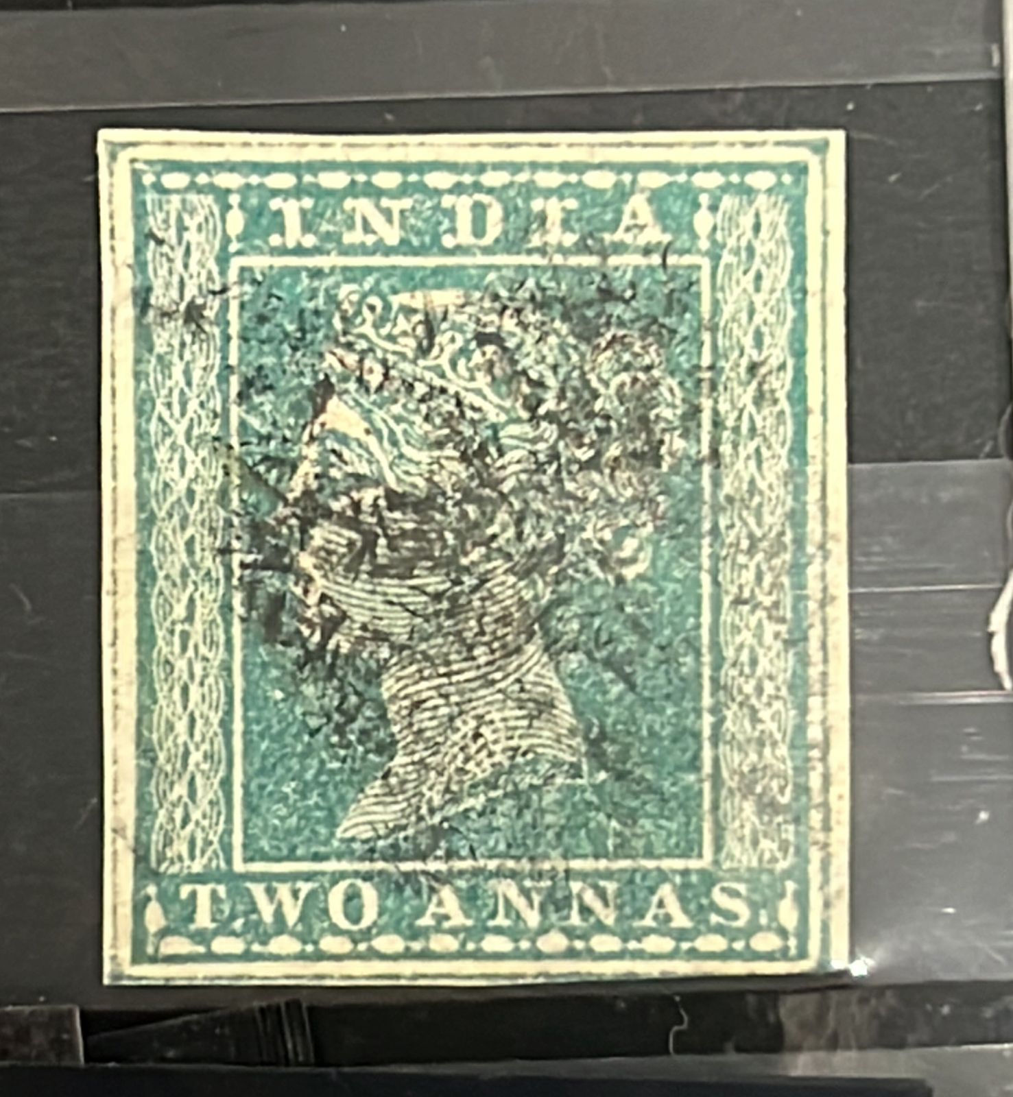 India 1854 SG31 Two Annas Green Typo Used with Frame Lines SG Cat Val £60