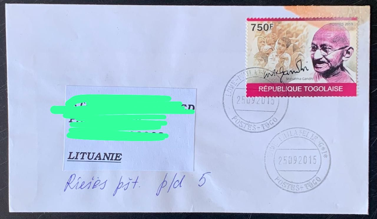 Togo 2010 Mahatma Gandhi Stamp used Commecially on Cover ( Rare Country to get Cover from) Dely Cancellation on back.